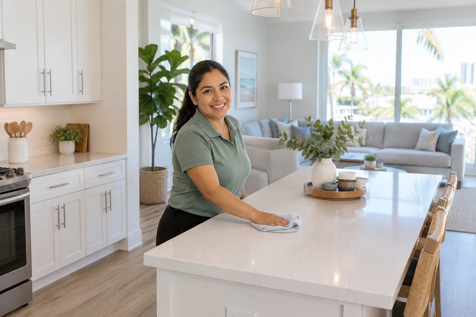 Limpiadora sonriente limpiando la isla de la cocina en un apartamento luminoso y recién limpiado